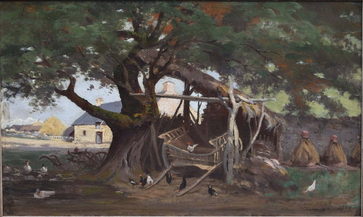 Albert Charles PHILIPPON "Cour de ferme" 1886 huile sur toile 26x40-photo-4